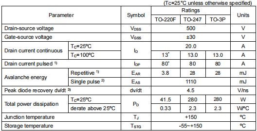 20n50參數,500v20a場效應管